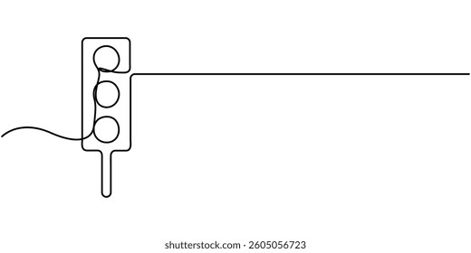  Continuous one line drawing of traffic lights with poles to regulate vehicle travel at road intersections. There are red, yellow, green lights. Single line draw design vector graphic illustration.