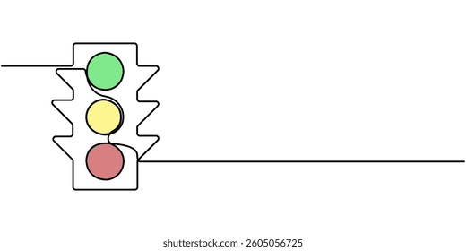  Continuous one line drawing of traffic lights with poles to regulate vehicle travel at road intersections. There are red, yellow, green lights. Single line draw design vector graphic illustration.