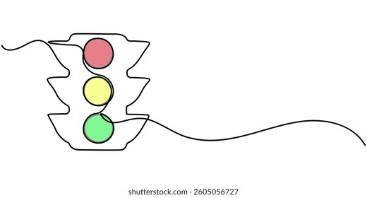  Continuous one line drawing of traffic lights with poles to regulate vehicle travel at road intersections. There are red, yellow, green lights. Single line draw design vector graphic illustration.