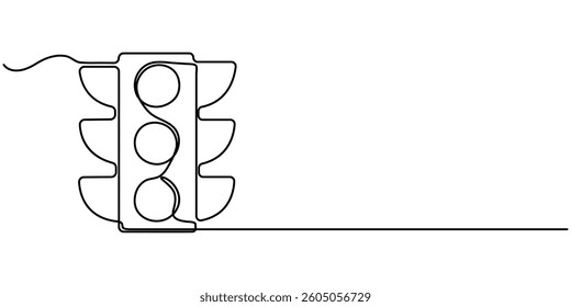  Continuous one line drawing of traffic lights with poles to regulate vehicle travel at road intersections. There are red, yellow, green lights. Single line draw design vector graphic illustration.