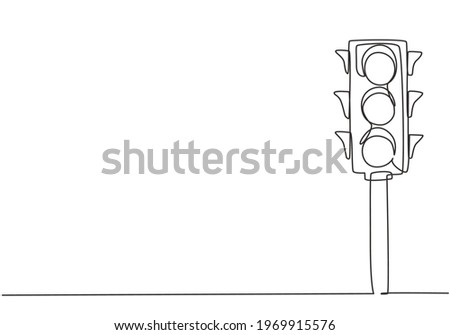 Continuous one line drawing of traffic lights with poles to regulate vehicle travel at road intersections. There are red, yellow, green lights. Single line draw design vector graphic illustration.