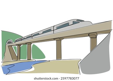 Continuous one line drawing a train with tracks crossing a river and at the back there is a hill with a tunnel. Very fast modern train. National Train Day. Single line draw design vector illustration