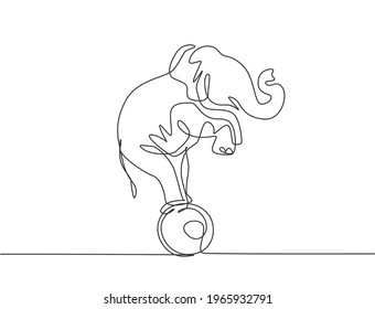 Continuous one line drawing a trained elephant stands on the ball with its forelegs raised. Very good performance and successful circus show. Single line draw design vector graphic illustration.