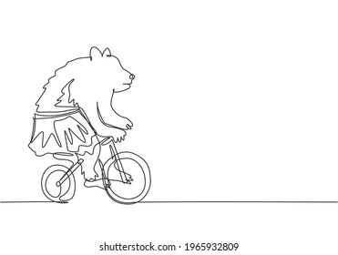 Continuous One Line Drawing A Trained Brown Bear Playing A Bicycle Around The Track In The Circus Arena. Audience Was Amazed By The Bear's Performance. One Line Draw Design Vector Graphic Illustration