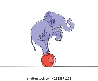 Continuous one line drawing a trained elephant stands on the ball with its forelegs raised. Very good performance and successful circus show. Single line draw design vector graphic illustration.