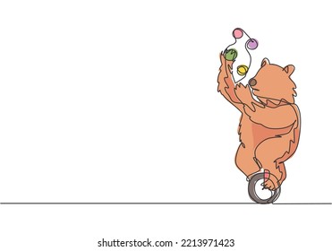 Continuous one line drawing a trained brown bear juggling on a one-wheeled bicycle. The audience was amazed by the bear's performance concept. Single line draw design vector graphic illustration.