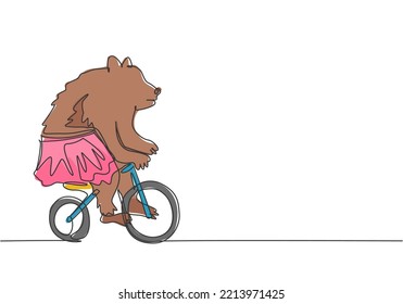 Continuous one line drawing a trained brown bear playing a bicycle around the track in the circus arena. Audience was amazed by the bear's performance. One line draw design vector graphic illustration