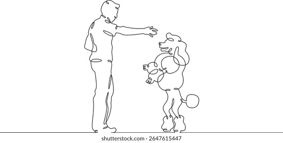 Continuous one line drawing trained dog. Animal trainer. Circus artist with a dog. Circus. One continuous line isolated minimal illustration.Not AI.