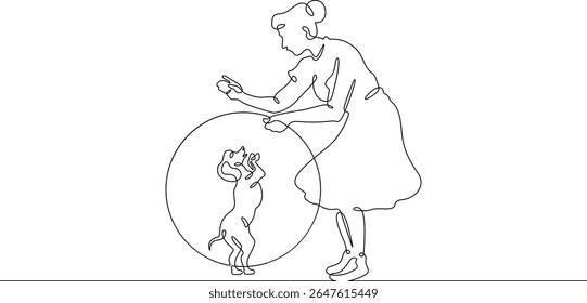 Continuous one line drawing trained dog. Animal trainer. Circus artist with a dog. Circus. One continuous line isolated minimal illustration.Not AI.