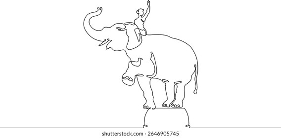 Continuous one line drawing аnimal trainer. Circus elephant. Trained circus animal. Circus performance.One continuous line isolated minimal illustration.Not AI.