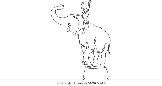 Continuous one line drawing аnimal trainer. Circus elephant. Trained circus animal. Circus performance.One continuous line isolated minimal illustration.Not AI.