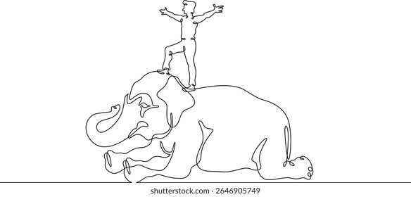 Continuous one line drawing аnimal trainer. Circus elephant. Trained circus animal. Circus performance.One continuous line isolated minimal illustration.Not AI.