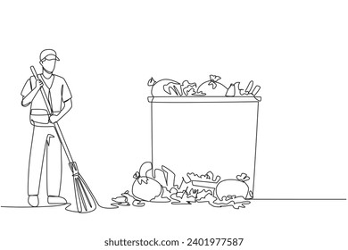 Continuous one line drawing trash man cleans rubbish by sweeping it into a pile of rubbish. With large trash can, it can accommodate all rubbish. Good job. Single line draw design vector illustration