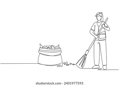 Continuous one line drawing trash woman cleaning trash with broom. There is a large piece of plastic trash nearby. Clean fresh air, does not pollute lungs. Single line draw design vector illustration