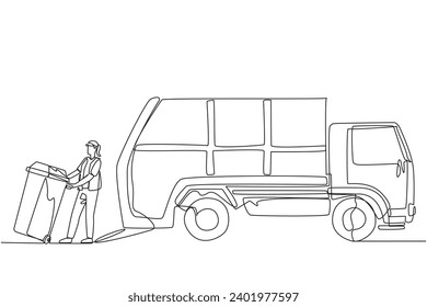 Continuous one line drawing trash woman pulling wheeled trash can towards garbage truck. Using a hat to reduce heat tries to reduce environmental pollution. Single line draw design vector illustration