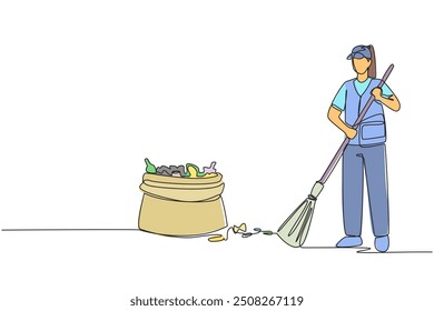 Continuous one line drawing trash woman cleaning trash with broom. There is a large piece of plastic trash nearby. Clean fresh air, does not pollute lungs. Single line draw design vector illustration