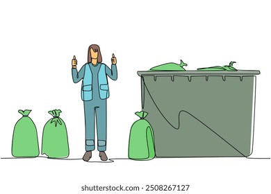 Continuous one line drawing trash woman stands with a thumbs up gesture between trash bags. Code for completing job. Keep the environment clean. Good job. Single line draw design vector illustration