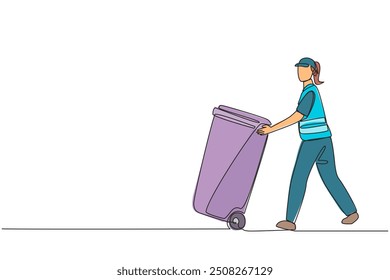 Continuous one line drawing trash woman pushing a wheeled trash can. Never tire of keeping the environment clean. Household waste or industrial waste. Single line draw design vector illustration