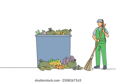 Continuous one line drawing trash woman cleans rubbish by sweeping it into a pile of rubbish. Cleaners who are passionate about keeping environment clean. Single line draw design vector illustration