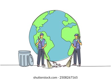 Continuous one line drawing trash man and trash woman sweep up the trash scattered in front of globe. Have high dedication to work. Save earth by cleaning. Single line draw design vector illustration