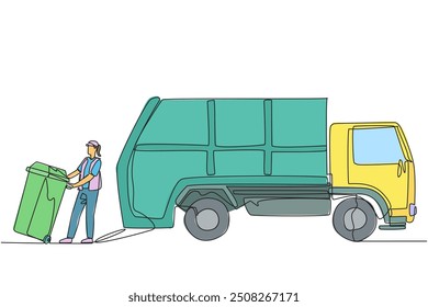 Continuous one line drawing trash woman pulling wheeled trash can towards garbage truck. Using a hat to reduce heat tries to reduce environmental pollution. Single line draw design vector illustration