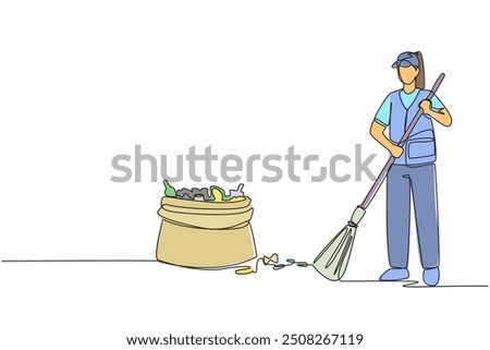 Continuous one line drawing trash woman cleaning trash with broom. There is a large piece of plastic trash nearby. Clean fresh air, does not pollute lungs. Single line draw design vector illustration