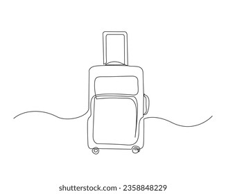 Continuous one line drawing of travel suitcase with wheels. Travel bag outline vector illustration.  Editable stroke.