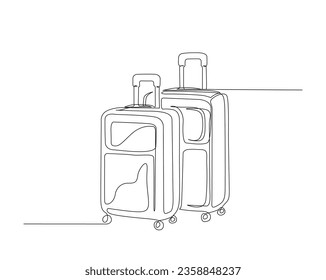 Continuous one line drawing of travel suitcase with wheels. Travel bags outline vector illustration.  Editable stroke.