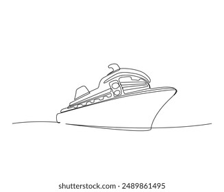 Continuous one line drawing of travel cruise ship. Cruise ship in simple outline illustration. Editable line vector