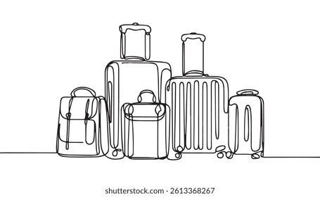 Continuous one line drawing of travel suitcase design. Travel bag in single line draw illustration. Editable stroke.