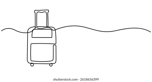 Continuous one line drawing of travel suitcase design. Travel bag in single line draw illustration. Editable stroke, Suitcase one continuous line for travel. Bag linear icon. Editable stroke drawing.
