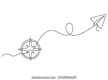 Dibujo continuo de una línea de brújula de viajero con concepto de viaje de avión de papel Ilustración vectorial de estilo lineal simple