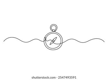 Kontinuierliche einzeilige Zeichnung des Reisekompasses. Alte navigieren und Abenteuer-Symbol in einfachen linearen Stil. Geschäftsstrategie und Kartografiekonzept in editierbarem Schlaganfall. Doodle, Vektorgrafik