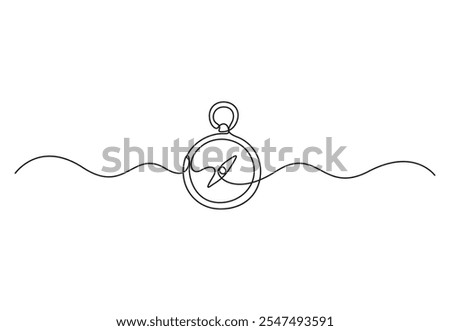 Continuous one line drawing of traveler compass. Old navigate and adventure symbol in simple linear style. Business strategy and cartography concept in editable stroke. Doodle vector illustration
