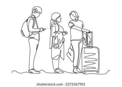 Continuous one line drawing travelers queued to check in at airport. airport activities concept. Single line draw design vector graphic illustration.