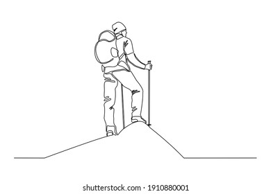 Continuous one line drawing of traveling person with backpack. Single one line art of man successfully hiking on top of mountain. Vector illustration.