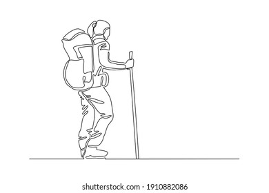 Continuous one line drawing of traveling person with backpack. Single one line art of woman successfully hiking on top of mountain. Vector illustration.