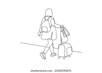 Continuous one line drawing Traveling with bag or suitcase concept. Doodle vector illustration.