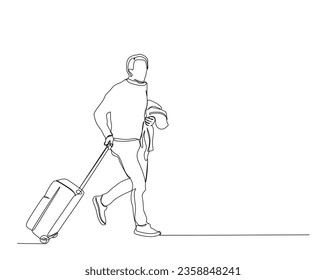 Continuous one line drawing of traveller walking with suitecase. Traveller walks with travel bag outline vector illustration.  Editable stroke.