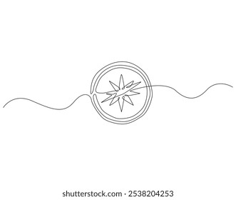 Desenho contínuo de uma linha da bússola do viajante. Ilustração de desenho de uma linha de navegação de bússola e aventura. Navegação, direção, conceito de viagem arte da linha.