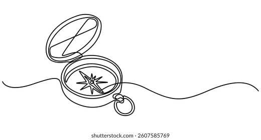 Continuous one line drawing of traveller compass. One line drawing illustration of compass navigate and adventure. Navigation, direction, journey concept line art. Editable outline, Magnetic compass.