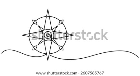 Continuous one line drawing of traveller compass. One line drawing illustration of compass navigate and adventure. Navigation, direction, journey concept line art. Editable outline, Magnetic compass.