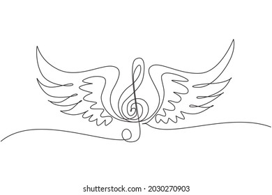Continuous one line drawing treble clefs with wings isolated on white background. Winged feather violin clef or music symbol. Musical logo icon. Single line draw design vector graphic illustration