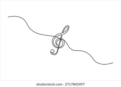 Desenho contínuo de uma linha de um símbolo de música de clave aguda em fundo branco. Design artístico minimalista para melodia e som.
