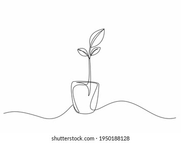 Continuous One Line Drawing Tree. Growing Plant In Tree Pot. Black And White Vector Illustration. Investment Business Concept.