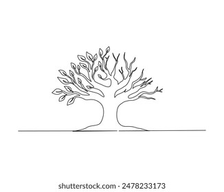 Continuous one line drawing of tree plant art style . Tree in single outline vector illustration for eco green nature concept. Editable stroke.