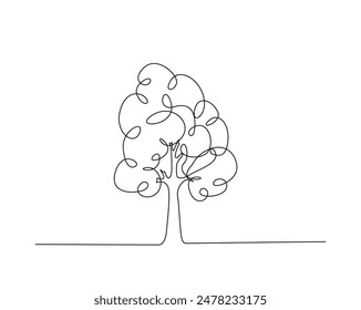 Continuous one line drawing of tree plant art style . Tree in single outline vector illustration for eco green nature concept. Editable stroke.