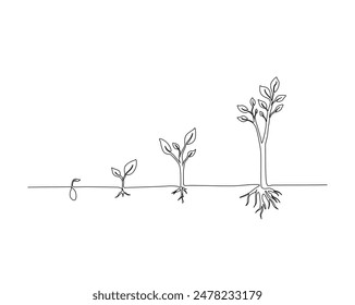 Continuous one line drawing of tree growth step . Step of tree growth in single outline vector illustration for eco green nature concept. Editable stroke.