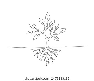 Continuous one line drawing of tree plant art style . Tree in single outline vector illustration for eco green nature concept. Editable stroke.