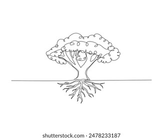 Continuous one line drawing of tree plant art style . Tree in single outline vector illustration for eco green nature concept. Editable stroke.